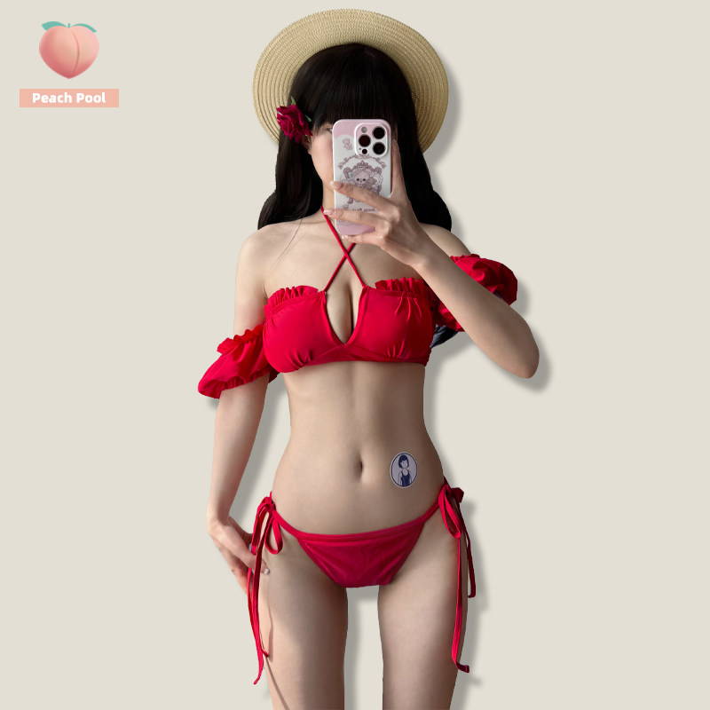 Feng Timoの日本風キュートで無邪気なレトロセクシーな赤いパフスリーブビキニ水着（女性用）