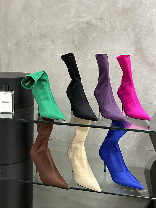 2026 New Thin Satin Pointed Toe Stiletto Mid-Heel Short Boots Slimming Elastic High-Heeled Short Sock Boots Slim Fit