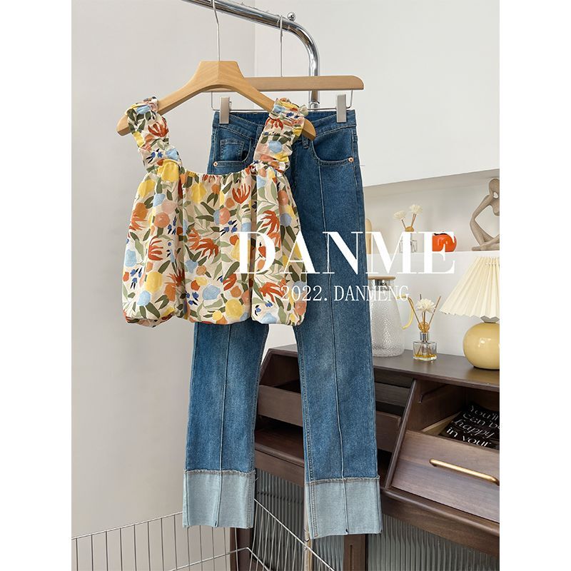 Summer Women's Clothing 2026 Chic Floral Suspender Short Sleeveless Babydoll Top and Jeans Two-Piece Set