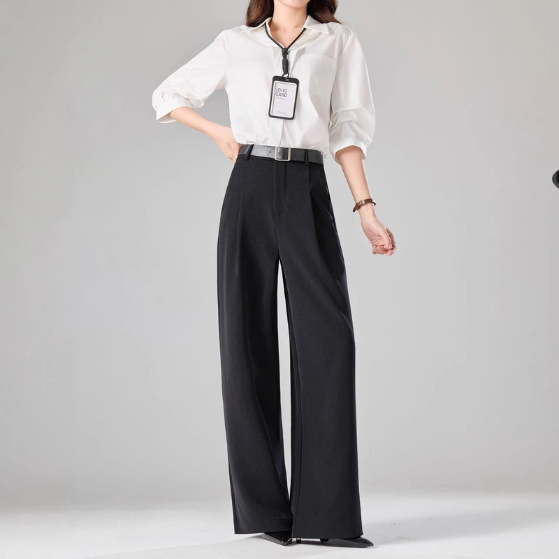 Black Women's Suit Pants 2026 Summer New Style High-Waisted Minimalist Work Pants with Drape Effect Straight Wide-Leg Trousers