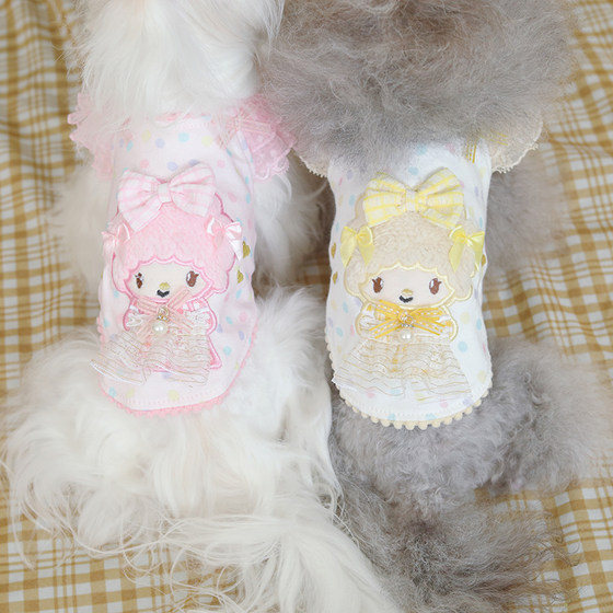 Pet cat and dog Teddy clothes spring and summer pure cotton thin lace flying sleeves three-dimensional doll head embroidery polka dot home clothes