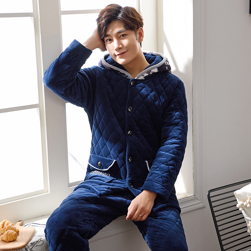 Men's winter pajamas thickened and velvet three-layer quilted can be worn outside with a flannel hood to keep warm autumn and winter home clothes