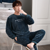 Autumn and winter coral velvet pajamas men warm padded velvet flannel men winter home clothing youth set