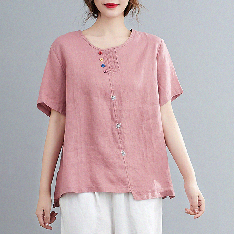 Retro literary thin cotton linen top women Summer loose Joker embroidery round neck short sleeve T-shirt linen women