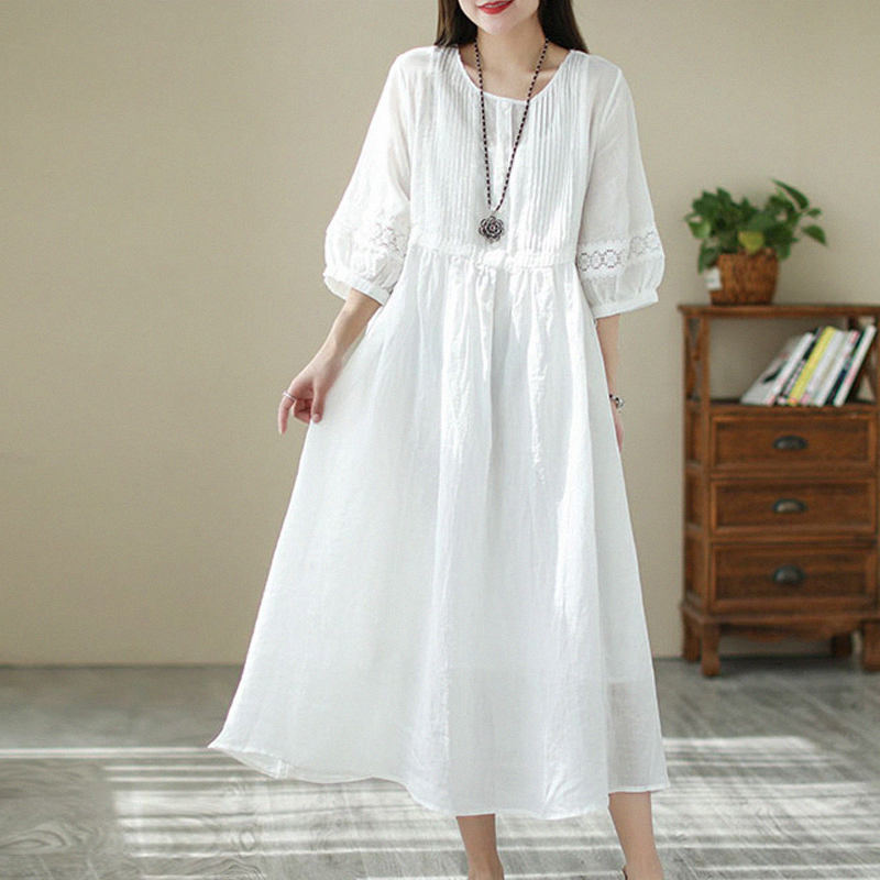 Brand Women's Clothing Counter Discount Clearance Off-The-Shelf White Cotton-Linen Dress Women's Waist-Cinching Flared Artistic Ramie Long Dress