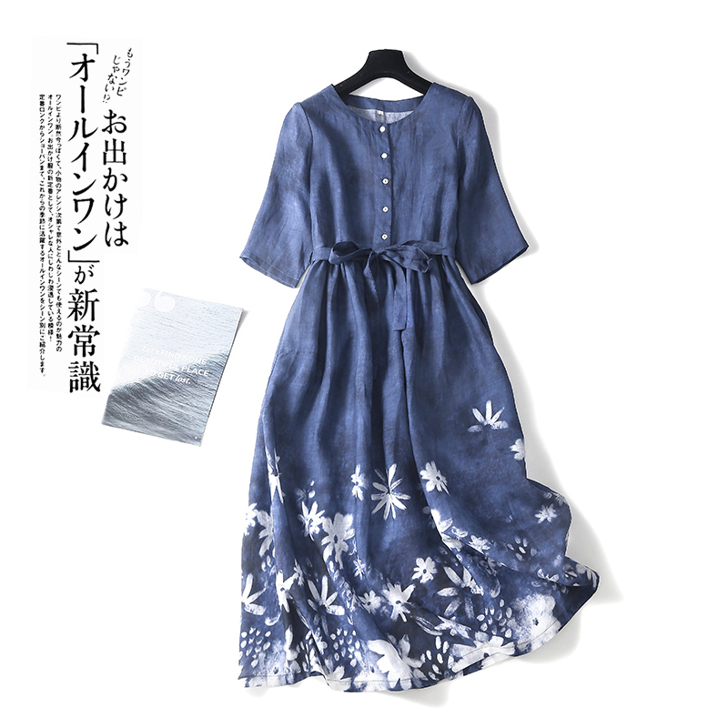 Clearance Sale~ Boutique Restock of Artistic Blue Floral Print Dress, Plus Size, Tummy-Covering, Long Skirt with a Large Hem