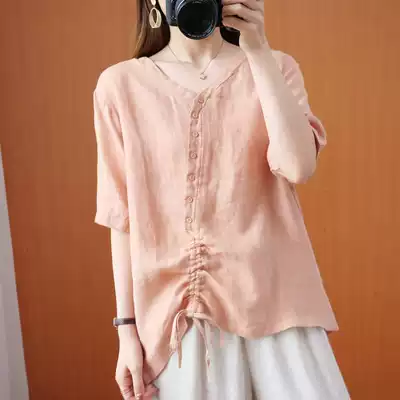 Summer literary drawstring hemp top Joker casual thin solid color v-neck short sleeve t-shirt women loose cotton linen shirt