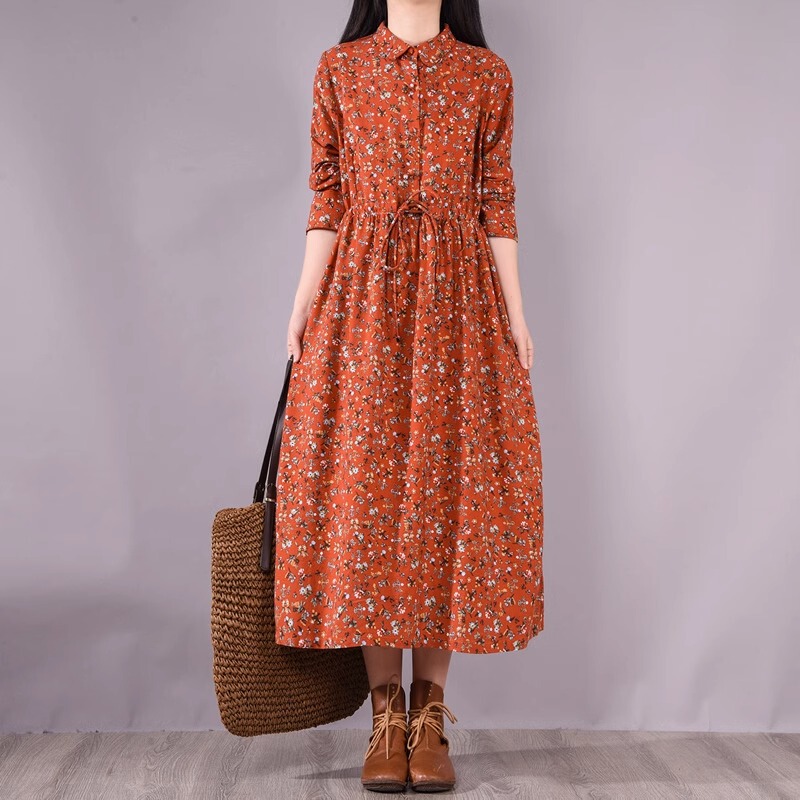 Clearance Sale~ Artistic Floral Cotton Dress, Mid-Length, Tie-Waist, Slimming, Long-Sleeved Shirt Dress