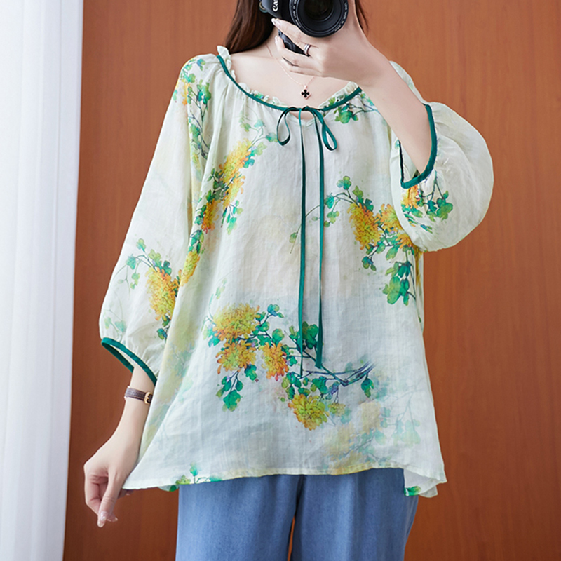 Art Mori Department Doll Shirt Woman Early Autumn Retro Lotus Leaf Collar Crushed Flowers Cotton Linen Shirt Lantern Sleeves Loose and Hemp Jacket