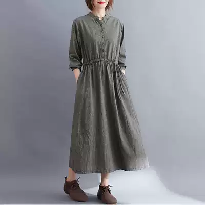 Mori retro linen lattice dress literary lace-up slim shirt skirt autumn dress bottom cotton linen dress long dress women