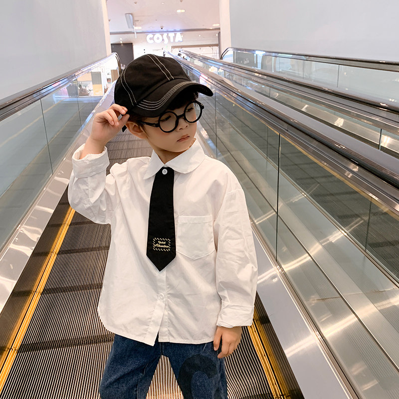 Children's wear boys white shirt spring and autumn 2021 new foreign gas cotton children's long-sleeved shirt Korean version of the autumn top