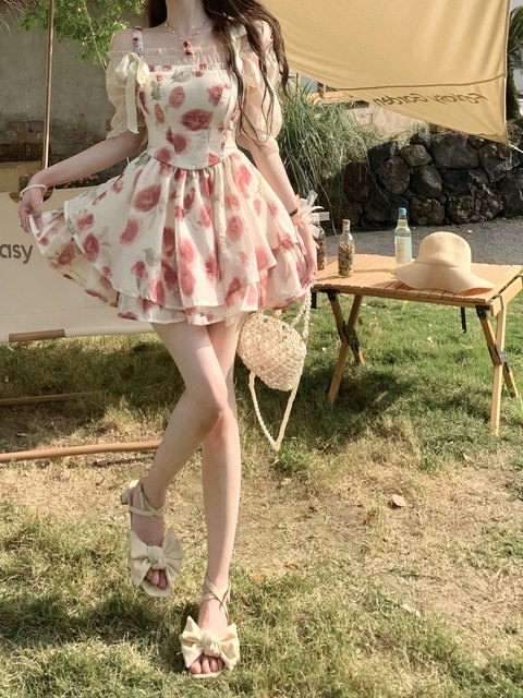 Catyears cat year pink peach sandwich summer ໃຫມ່ຕາຫນ່າງແຂນສັ້ນ dress suspender ເທິງ / ດອກ