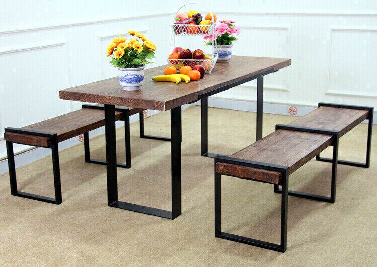 American Retro Solid Wood Iron Art Dining Table And Chairs Combined Coffee Hall Milk Tea Shop West Restaurant Fire Pot Shop Dining Room Table And Chairs