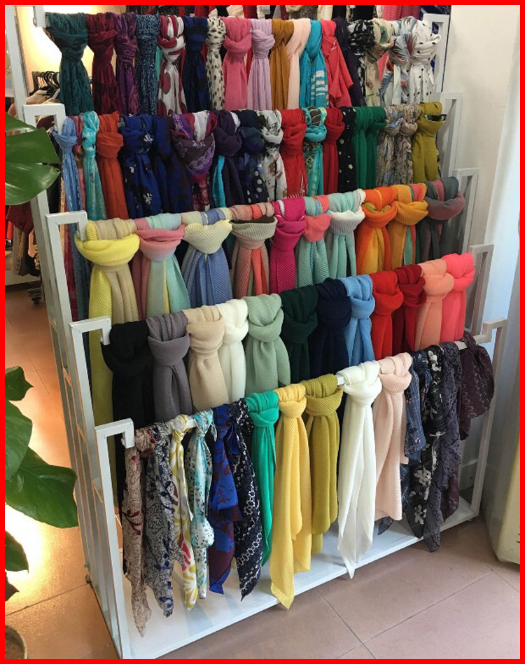 Iron Art Clothing Shop Floor Leaning Against Crash Wall Towels Frame Silk Scarves Fabric Middle Island Shelf Cloths Shelving Tie Strap Rack