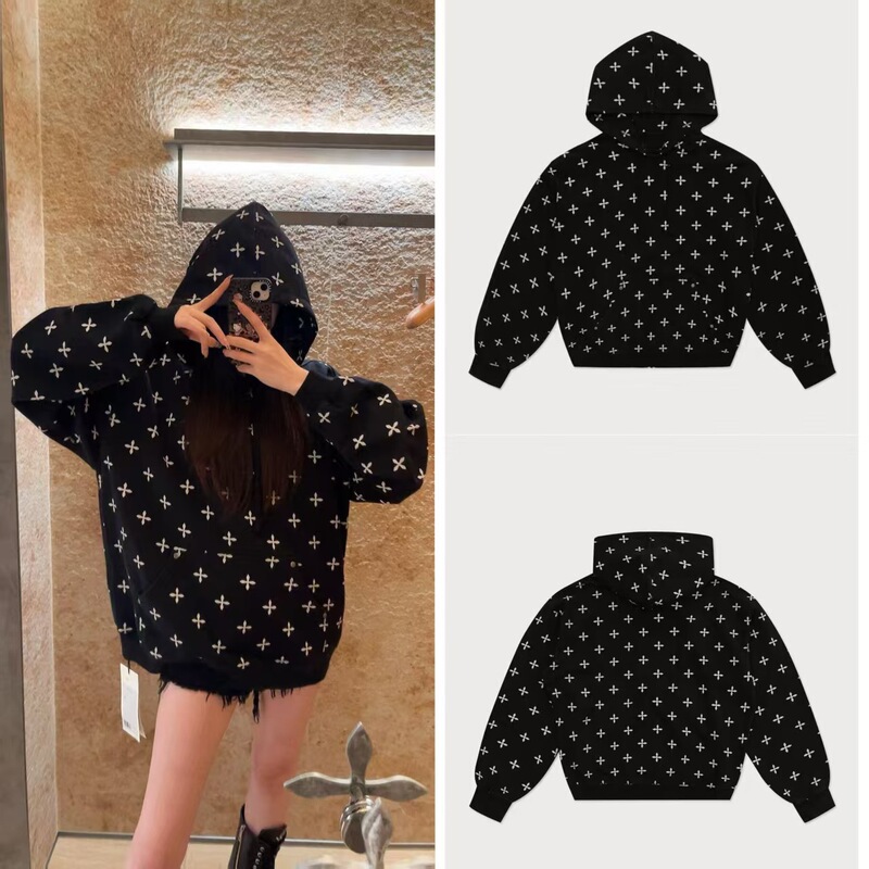 [in Stock] Sk Black Garden Wide Hoodie with Full Cross Pattern Print, All-Cotton Pullover Hooded Sweatshirt