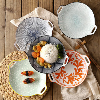 Japanese binaural dish sushi round underglaze color plate