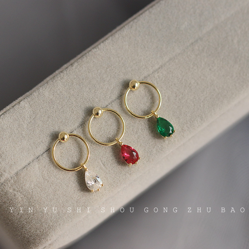 Simple retro style small and exquisite emerald water drop ear pin 925 silver plated 14k color versatile short earrings