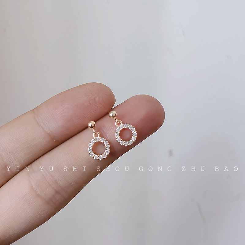Japan and Korea hollow drill ring exquisite earring 925 pure silver plated 14k gold - plated ear nails small circle ear crashes