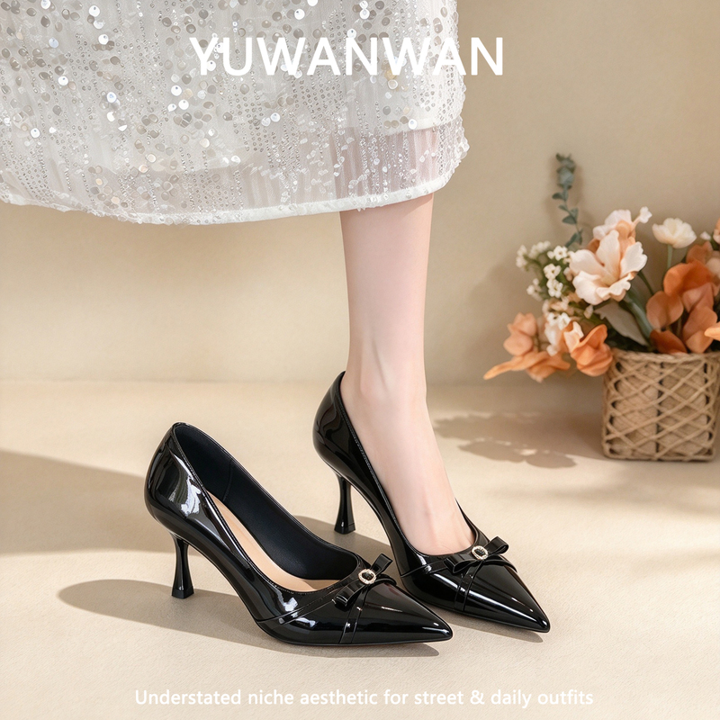 Yu Wanwan High-Heeled Shoes for Women, Elegant and Comfortable, Suitable for Commuting, Versatile, Professional, with Bowknot, Patent Leather, Pointed Toe, Thin Heels
