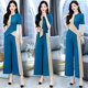 Color-blocking wide-leg pants suit women's thin section 2022 summer new fashion temperament celebrity high waist drape two-piece suit