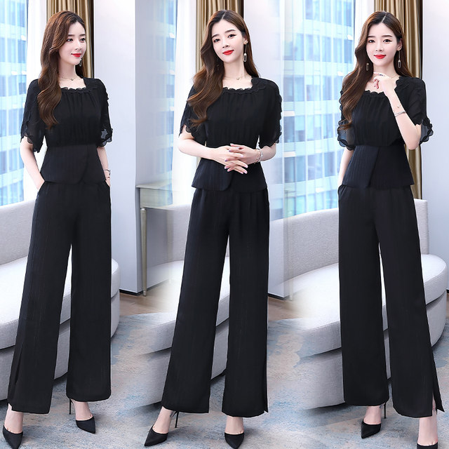 Wide-leg pants suit women's 2022 summer new fashion temperament goddess Fan Yangqi age-reducing high-waisted two-piece suit