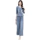 Professional denim suit female spring and autumn 2023 new fashion temperament goddess fan wide-leg pants two-piece suit foreign style age reduction