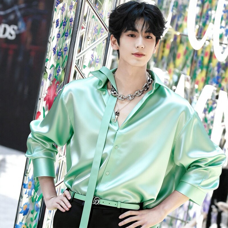 Zhang Linghe's Same Style』Light Green Double-Collar Shirt, Long-Sleeved, Loose, Casual, American-Style Satin Men's Shirt, Trendy