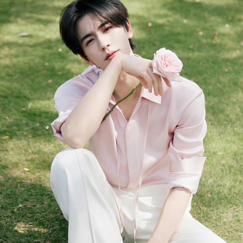 Zhang Linghe's Same Style』Light Pink Satin Shirt, American-Style Shirt, Mature Hong Kong Style Long-Sleeved Top, Men's Suit, Trendy