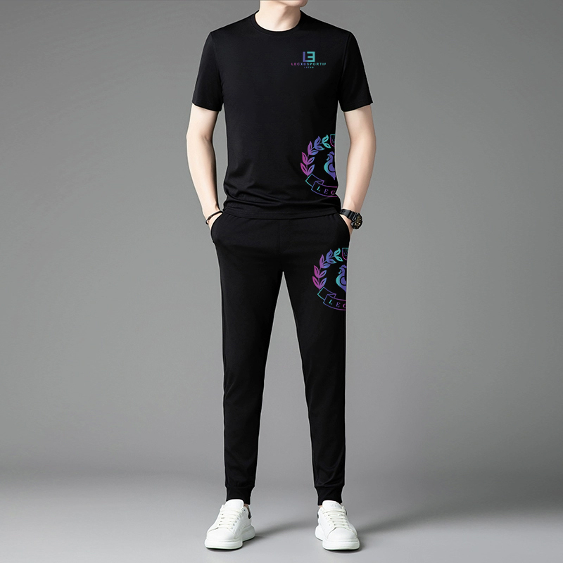 Fashionable Rooster Summer Casual Sports Suit for Men, Ice Silk Thin Sportswear, Short-Sleeved Long Pants, New Two-Piece Suit