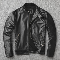 Special top layer cowhide locomotive clothing leather mens slim sheep leather jacket short stand collar leather jacket
