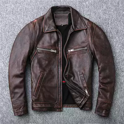 Amikazi red brown heavy industry made old locomotive retro first layer cowhide leather leather clothing men's lapel leather jacket