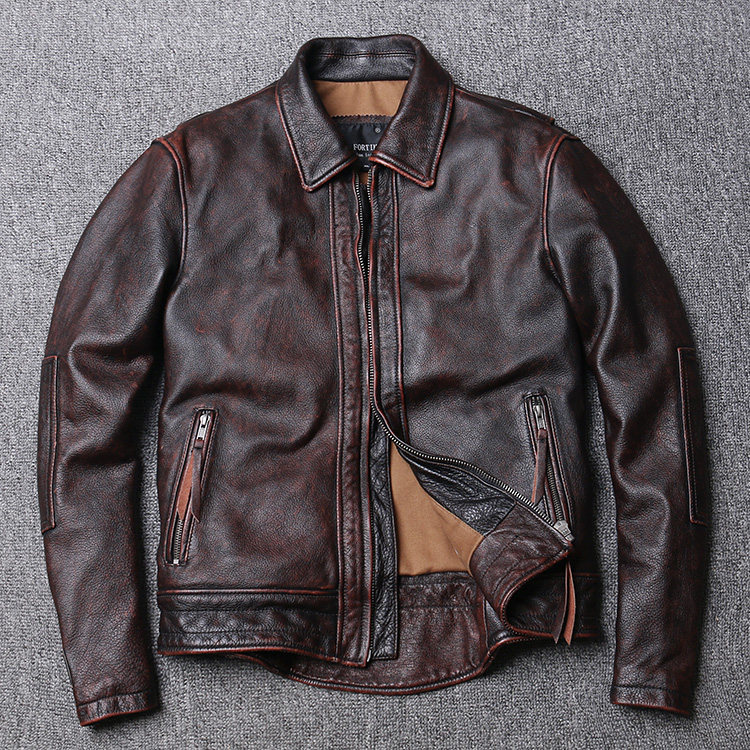 New Aramco Red Brown Red Brown Red - made old headcoat fur leather fur coat men's locomotive swallows