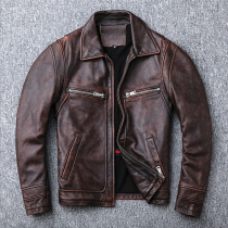 Amei Kaji Red Brown Heavy Work Old Roller Retro Head Cowskin Real Leather Man Toller Jacket