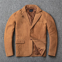 Low price clearance stock leather leather top layer cowhide retro old Japanese suit lapel slim coat