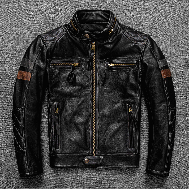 New First-Layer Cowhide Genuine Leather Jacket for Men with Stand Collar, Trendy Motorcycle Riding Jacket, Can Be Equipped with Protective Gear