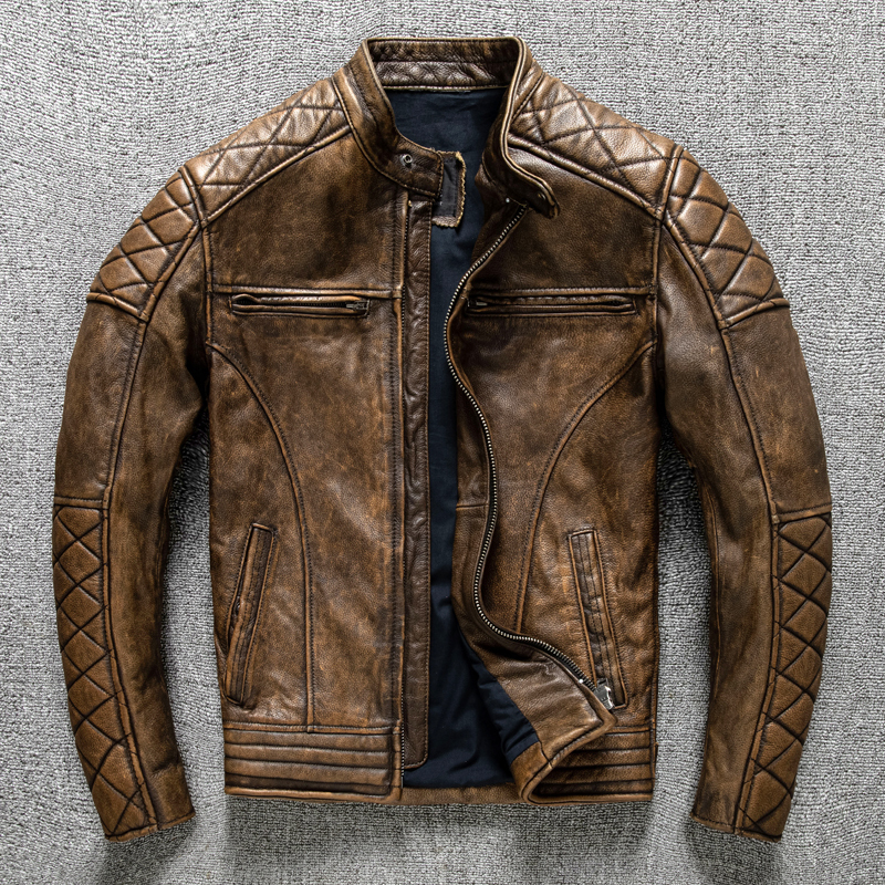 Halei Harley First-Layer Cowhide Genuine Leather Jacket Men's Slim Stand-Up Collar Retro Distressed Motorcycle Leather Jacket Cycling Clothing