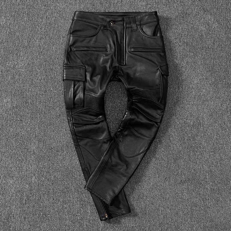 New Men's Leather Pants, Genuine First-Layer Soft Cowhide, Harley Heavy-Duty Motorcycle Leather Pants, Can Be Equipped with Protective Gear, Hunting and Riding Leather Pants
