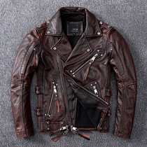 Harley heavy locomotive first layer cowhide leather leather leather clothing men Stone Mill retro old motorcycle suit lapel short jacket