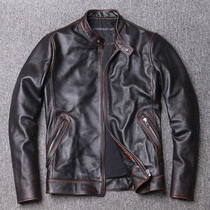 Stock clearance hand-rubbing old first layer cowhide leather leather leather jacket mens stand collar slim short leather jacket jacket