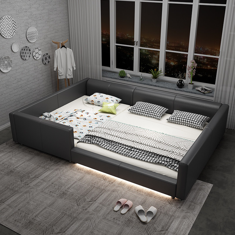Smart light Tatami bed Double bed Simple modern leather bed Master bedroom Parent-child bed 2 2 meters leather bed Wedding bed