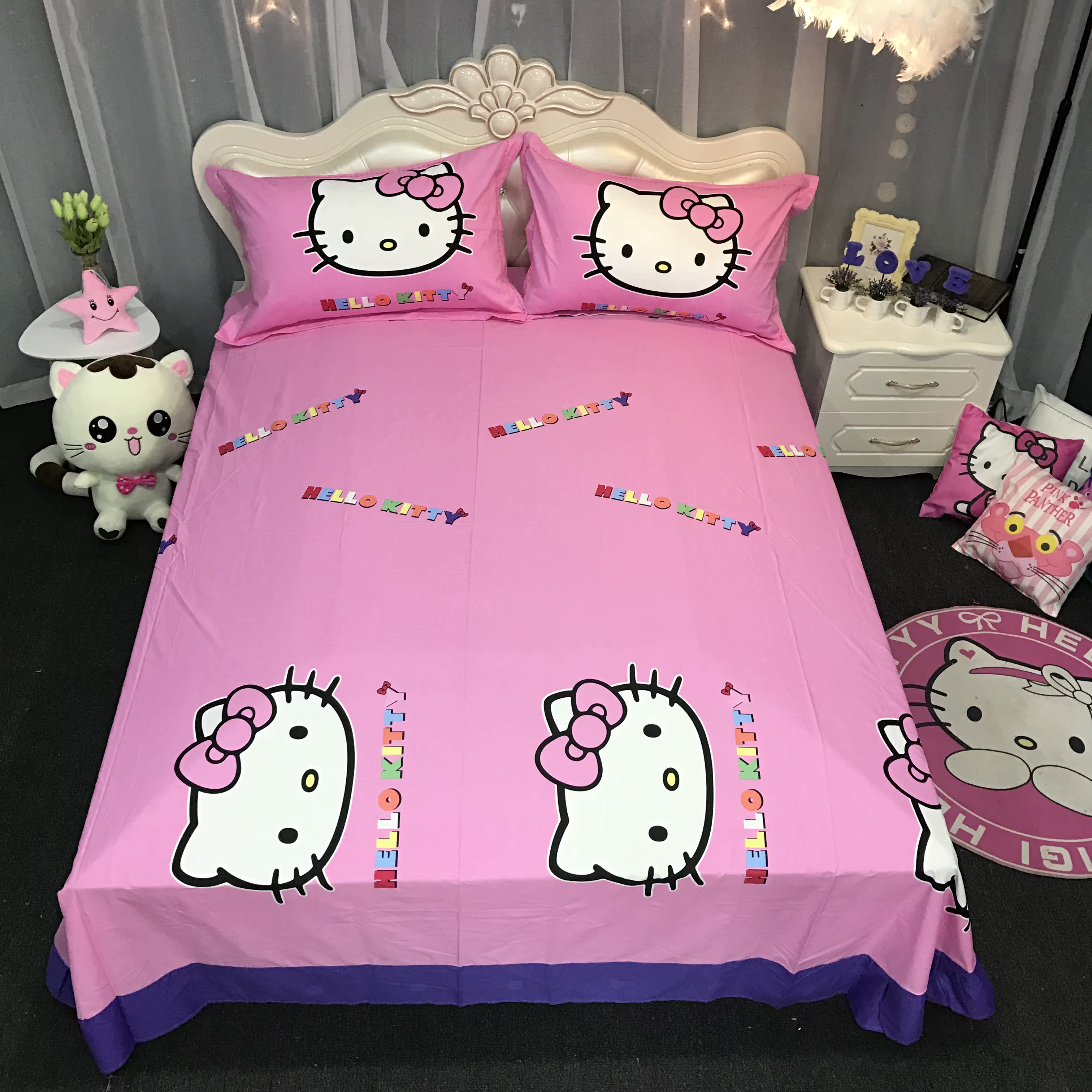 Chải bông Hello Kitty phim hoạt hình chào cô gái 3 gia đình bốn 1,5m giường mèo lanh chăn bông cậu bé leng keng - Bộ đồ giường bốn mảnh chăn ga cưới