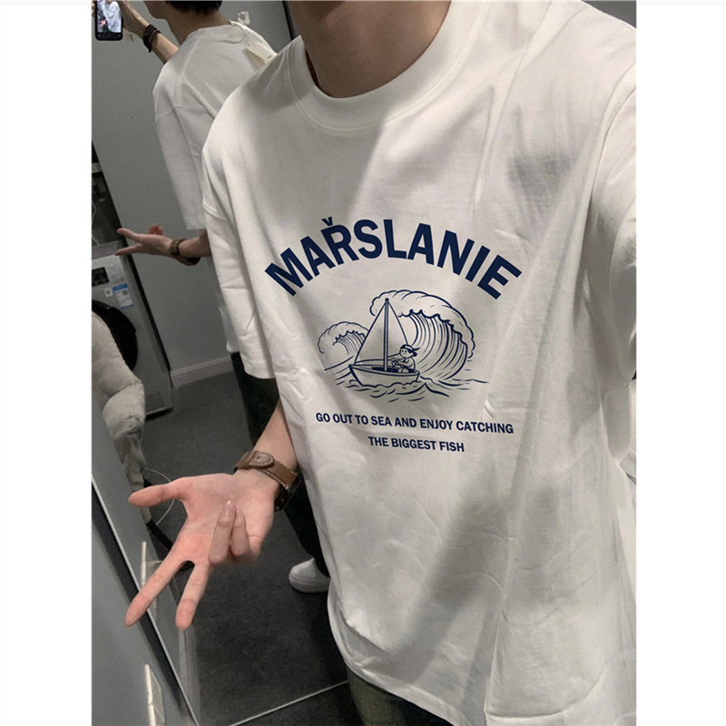 Heavyweight Pure Cotton American-Style Trendy White Short-Sleeve T-Shirt for Men, Summer Loose Fit, Regular Shoulder, Unique Design, Trendy Tee