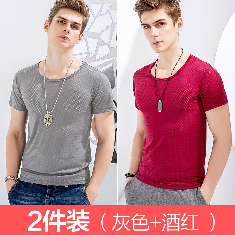 2 mảnh lụa băng lưới ngắn tay áo t-shirt rỗng tốc độ thở khô thể thao lỏng lớn kích thước áo khoác nửa tay áo điều hòa không khí của nam giới