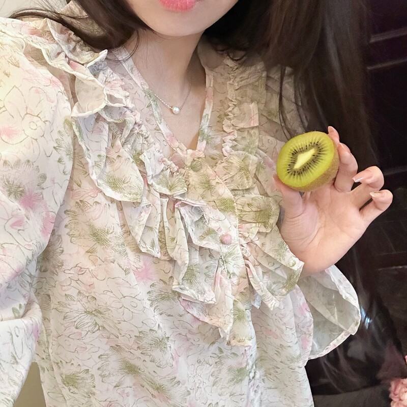 Jamais Vu【Spring Water Sencha】Sweet and Delicate Floral Long-Sleeve Top, Lazy and Comfortable Shirt, Clearance Sale