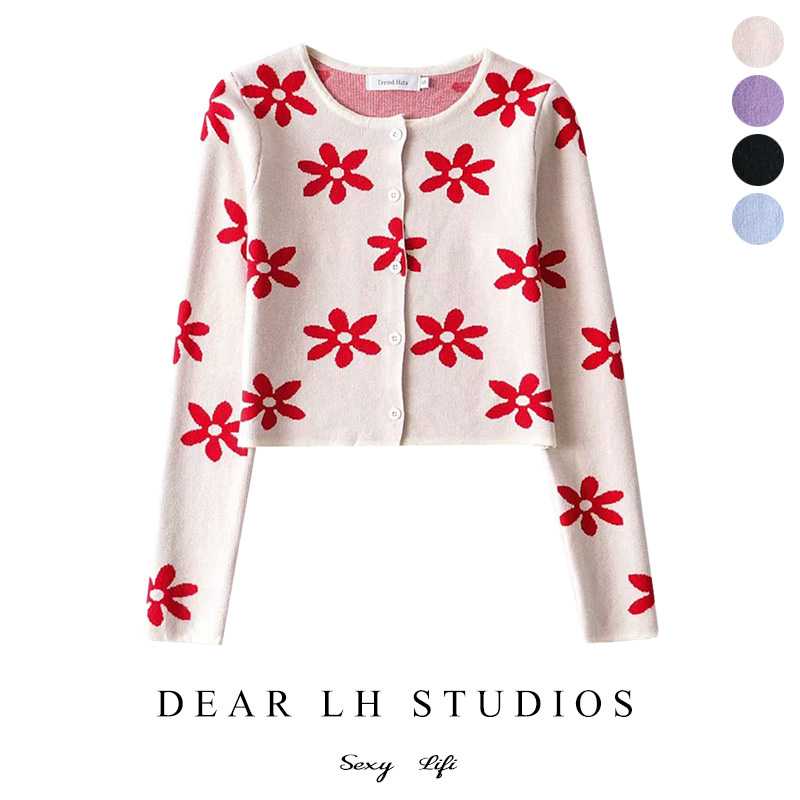 2020 autumn new retro all-match thin knitted cardigan sweet big flower short long-sleeved top coat women