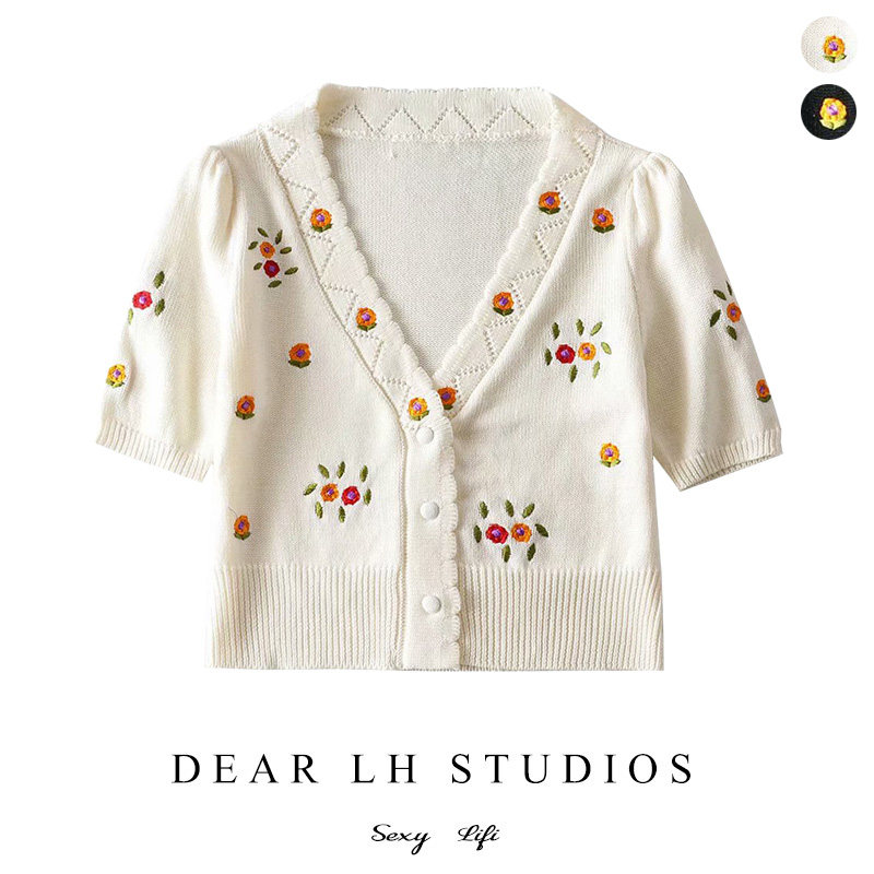 French retro crochet V-neck knitted short-sleeved cardigan jacket women's niche design wavy edge loose and thin all-match top