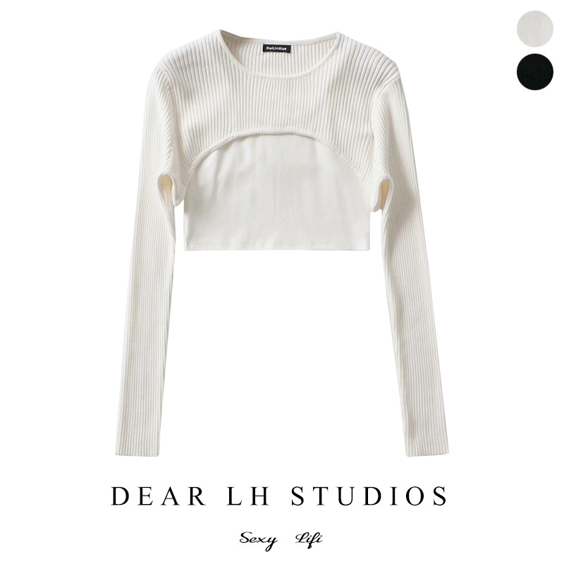 European and American long-sleeved woolen knitted blouse cotton suspenders two-piece set for women's autumn new style niche personality slim fit and thin top