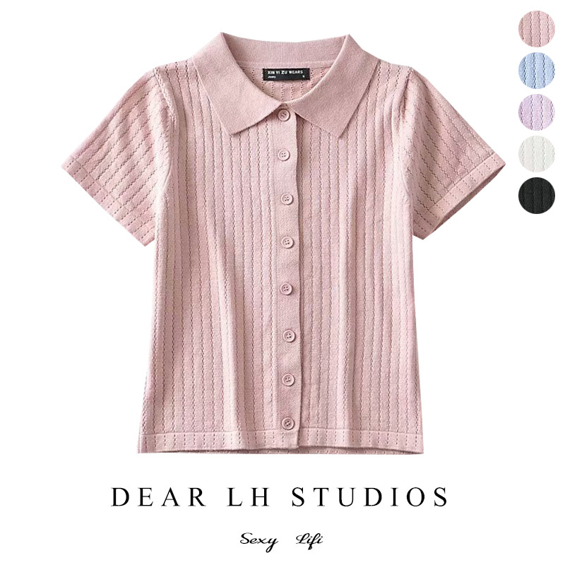 American college style polo collar short-sleeved T-shirt women's summer new high waist navel-breasted button breathable knitted top short section
