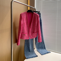 Salt can be sweet big V-neck small fragrance 2021 new rose powder hand embroidered edge heavy industry short coat female