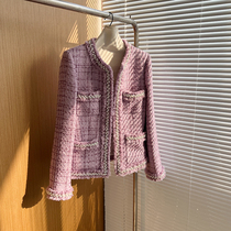 Fan Seiko Workshop 2022 Spring Autumn New Purple Round Collar Coarse Flowers Yuanyuan Xiaoxiang Heavy Industry Short Jacket Woman